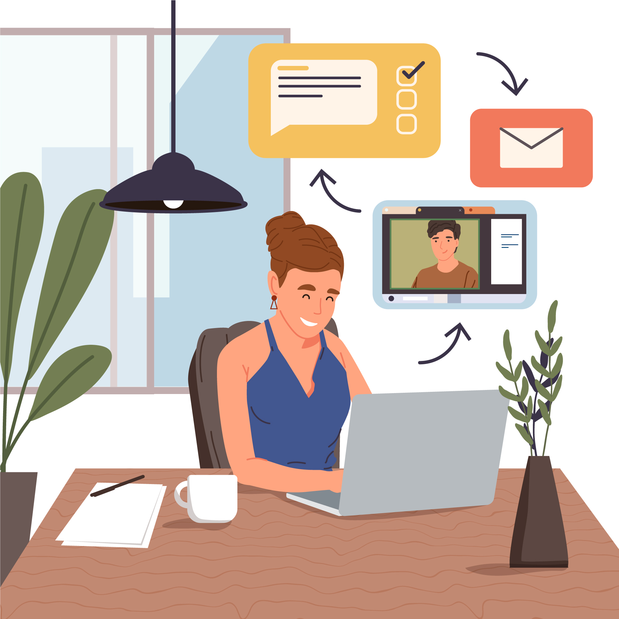 Une charte de télétravail : Femme travaillant sur un ordinateur portable dans un bureau lumineux, entourée d’icônes de communication digitale (chat, e-mail, visioconférence), avec tasse de café, documents et plantes décoratives.