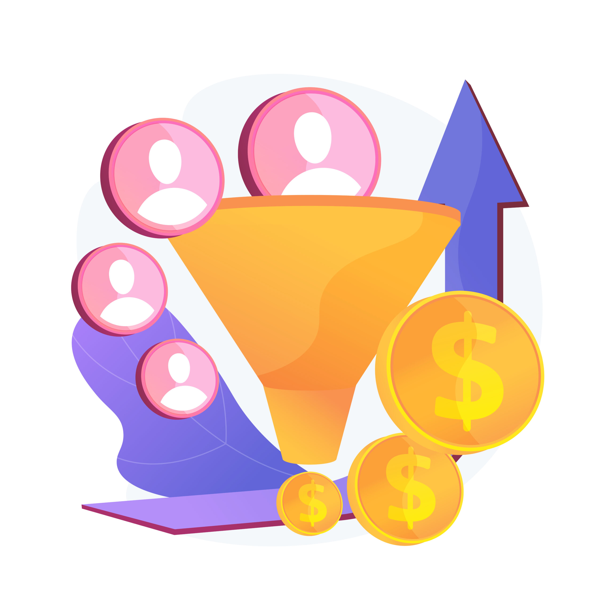 comprendre et gérer le turnover : Illustration d’un entonnoir marketing jaune-orange transformant des prospects (icônes de personnes) en revenus (pièces d’or avec symboles dollar), avec une flèche bleue ascendante représentant la croissance.